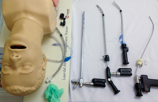 (L to R) Rigid bronchoscope, Bonfils, Levitan and Shikani optical stylets.  Click to enlarge.